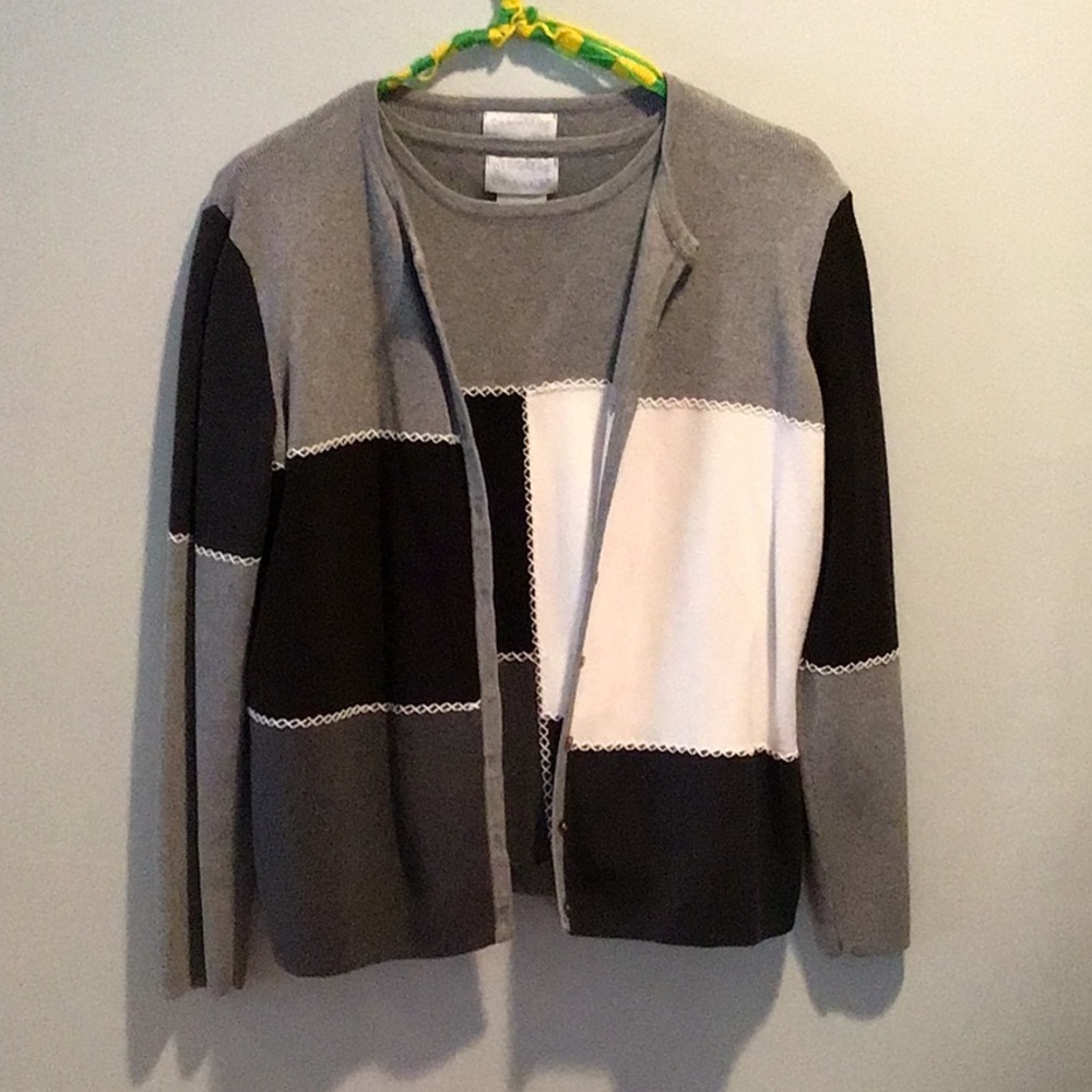 Designer Originals 2 Piece Coordinating Sweater Set Black/ Gray/White Medium
